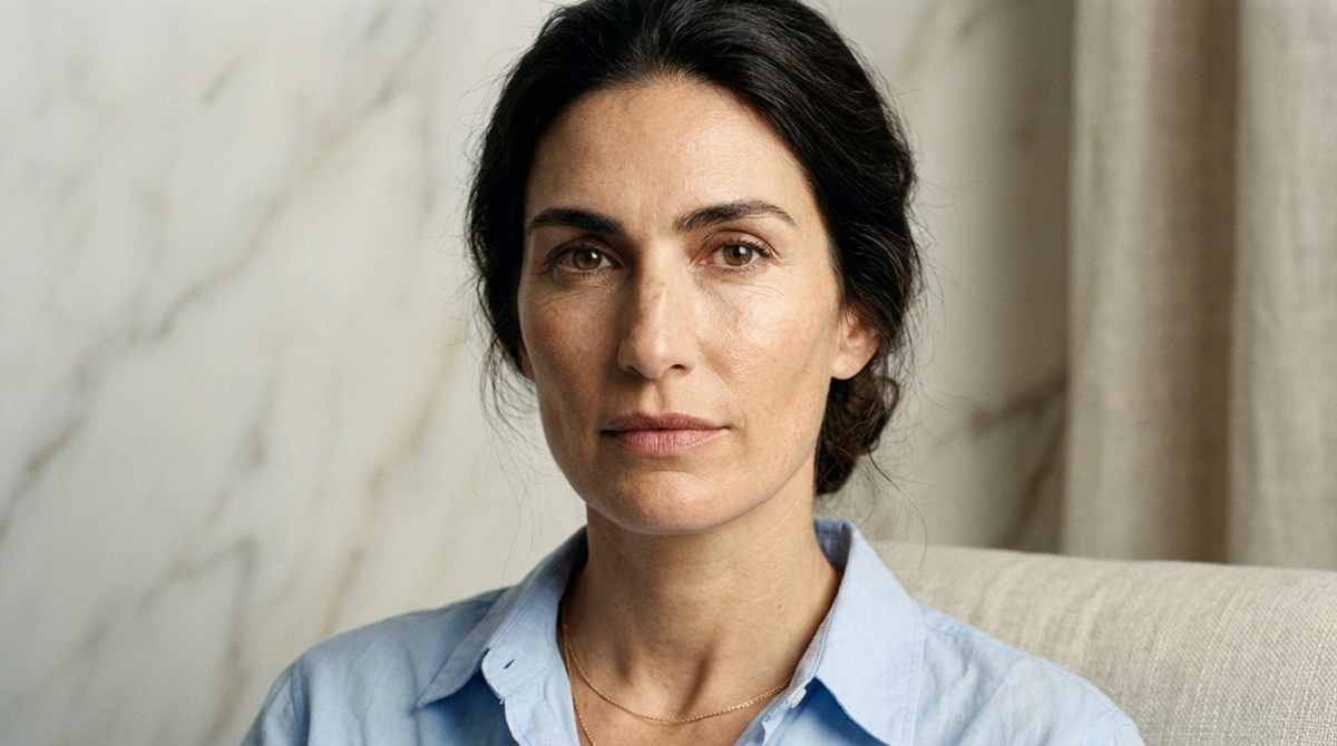 Close editorial portrait of a woman in a pale blue poplin shirt, soft beauty light on the eye area, illustrating periorbital skin against marble and linen