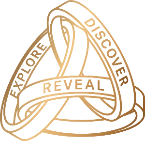 Gold triangle with 'Explore', 'Discover', and 'Reveal' text on a white background