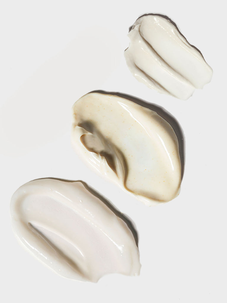 AUTEUR skincare texture swatches, Definitive Eye Cream, Definitive Restoration Cream, and Definitive Density Cream